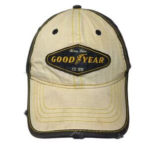 Goodyear Baseball Cap Beige Black Strapback OS Distressed Embroidered Akron Hat